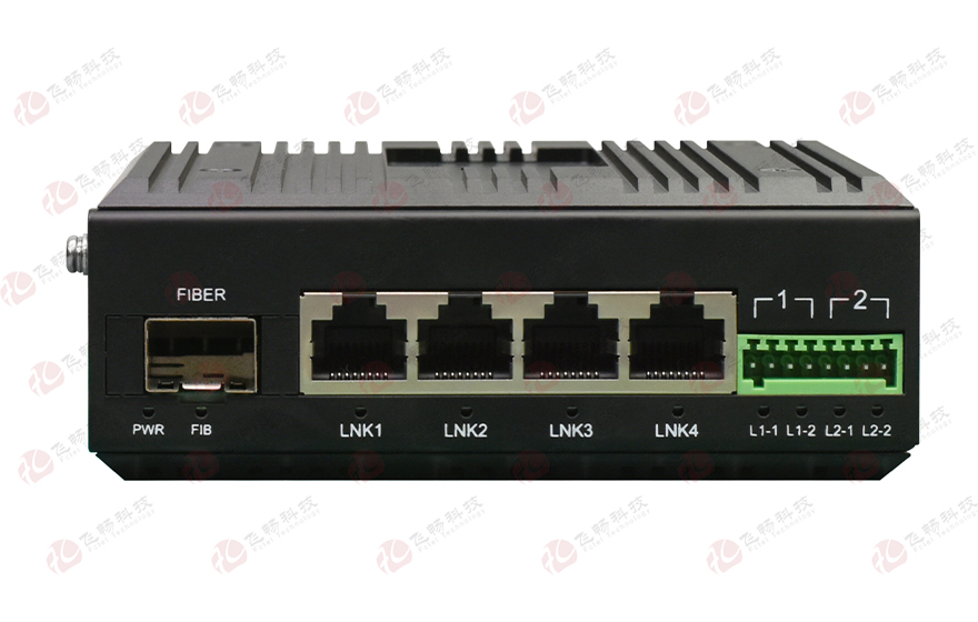 飛暢科技-工業(yè)軌式2路串口／4路開(kāi)關(guān)量+4路百兆電 光端機(jī)